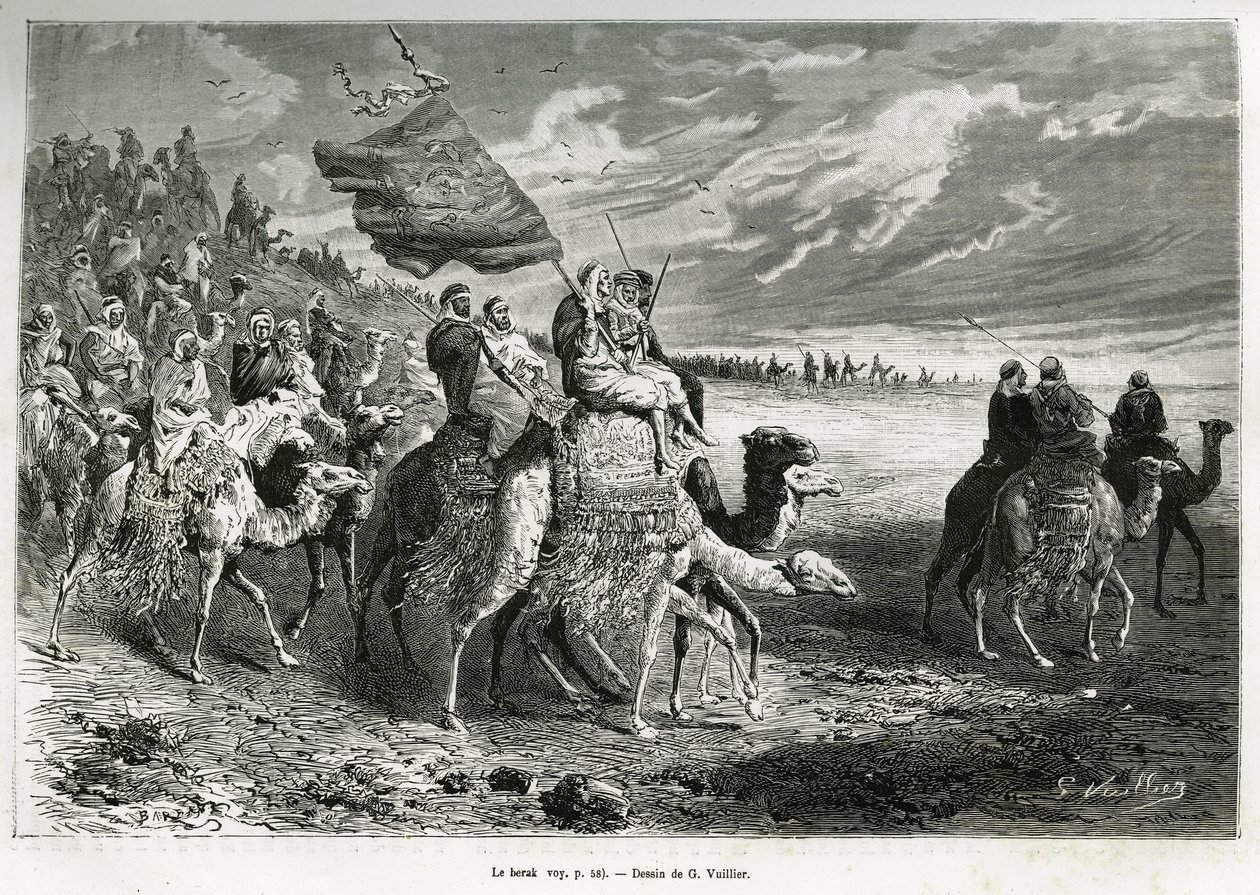 A Berak, Ibn Al Rashid emír (1872-1890) zászlaja (Szaúd-Arábia). G. Vuillier metszet a „" pelerinage au Nedjed, az arab faj bölcsője" című történet illusztrálására, Lady Anna Blunttól, 1878-1879-ben, megjelent a Tour du monde-ban, irányítása alatt alkotó: Gaston Vuillier