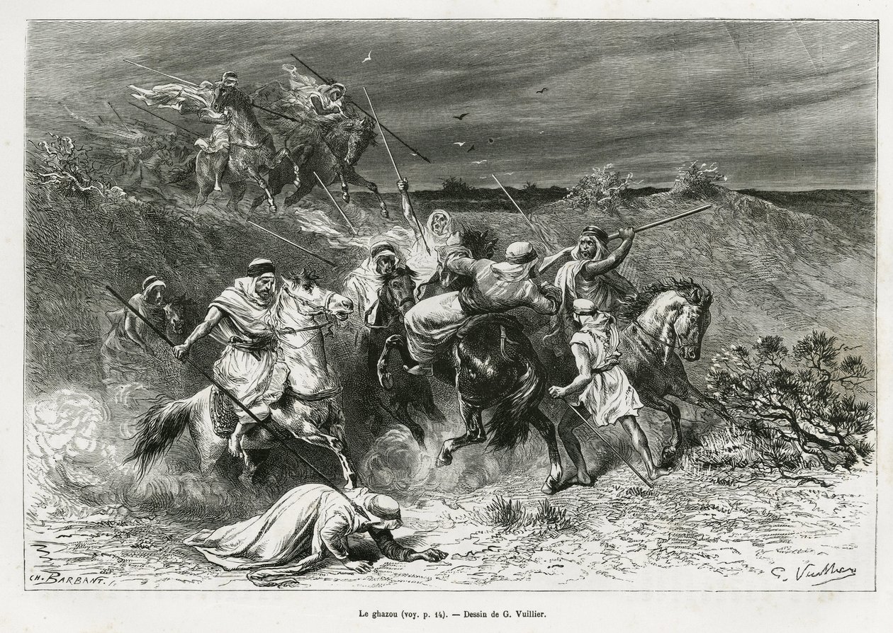 A Ghazou vagy razzia kézzel fosztogat. G. Vuillier metszet, a „pelerinage au Nedjed, az arab faj bölcsője” című történet illusztrálására, Lady Anna Blunttól, 1878-1879-ben, megjelent a Tour du monde-ban, Edouard Charton (1807-) irányításával. alkotó: Gaston Vuillier