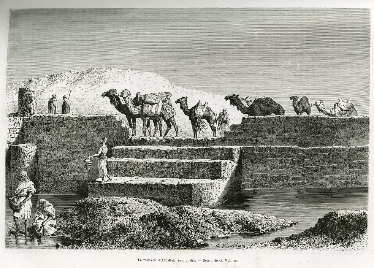 Abdallah víztározója (Szaúd-Arábia). G. Vuillier metszet, a „pelerinage au Nedjed, az arab faj bölcsője” című történet illusztrálására, Lady Anna Blunttól, 1878-1879-ben, megjelent a Tour du monde-ban, Edouard Charton (1807-) irányításával. 18 alkotó: Gaston Vuillier