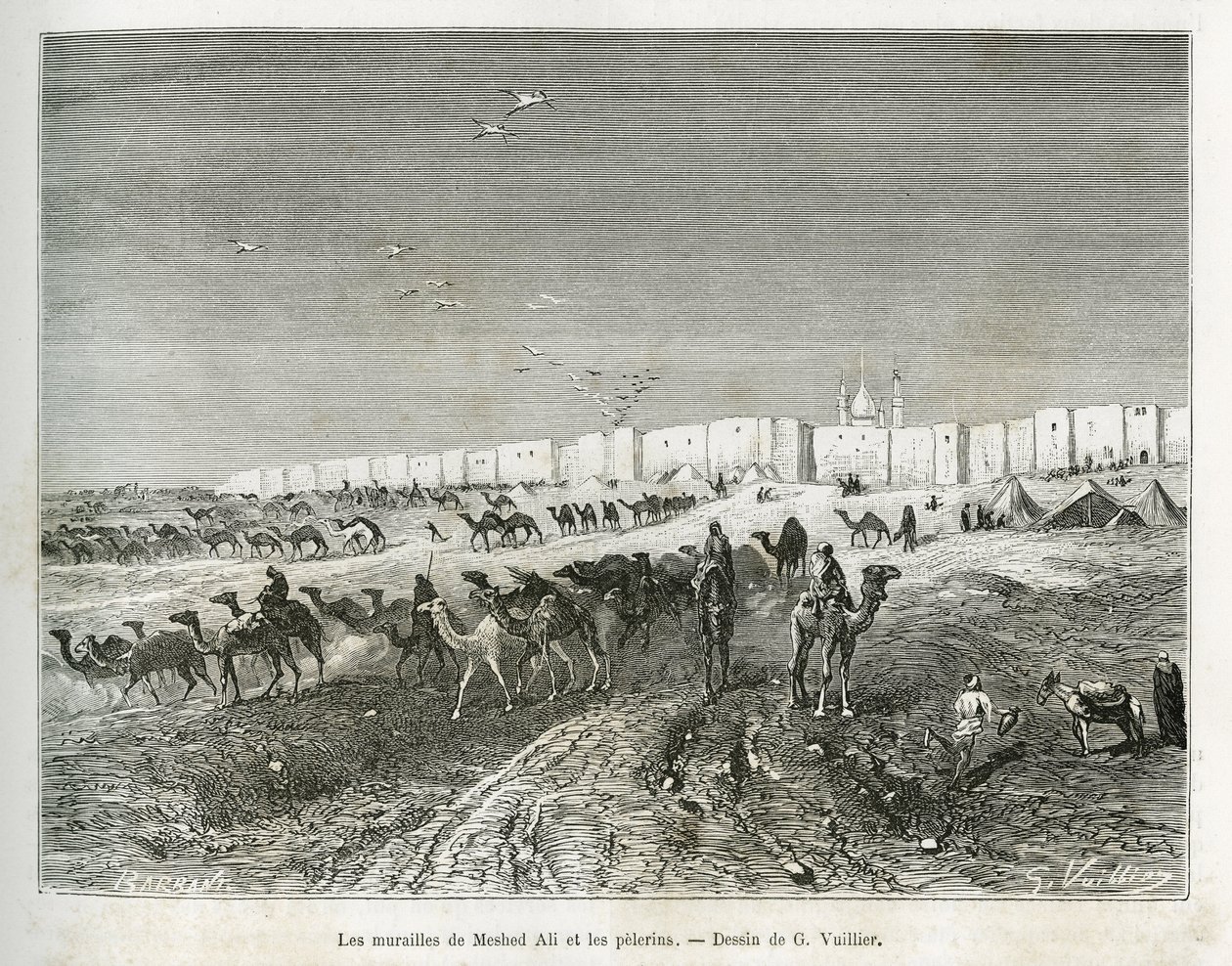 Meshed Ali (Ali Ibn Abi Talib, meghalt 661-ben, Mohamed (570-632) unokatestvére, tanítványa és veje) falai a Najaf mecsetben (Irak) találhatók, és a pelerinek összegyűlnek, hogy megünnepeljék az első és minden imám atyja. G.Vuillier metszete, il alkotó: Gaston Vuillier