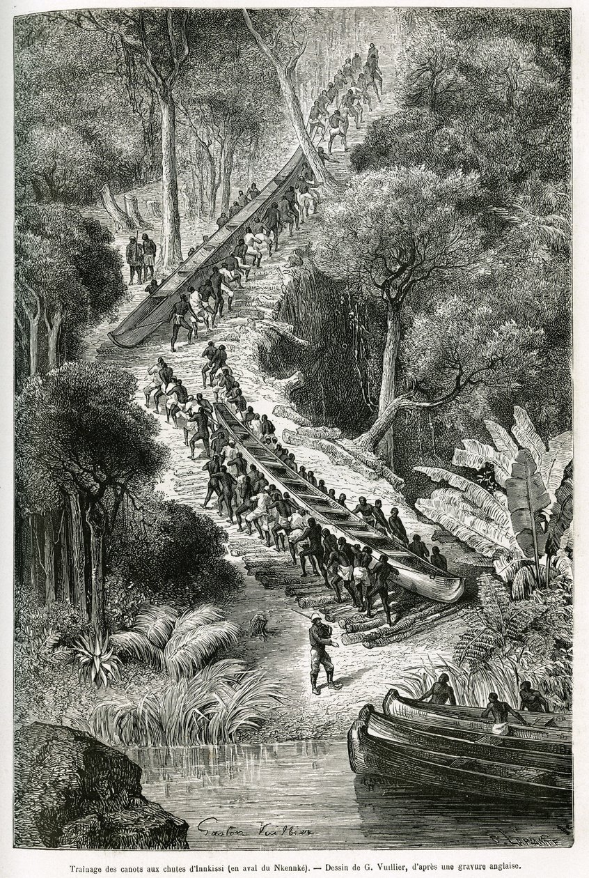 Tragging kenuk az Innkissi-vízesésnél (vagy Livingstone-vízesésnél) (Kongó), Sir H.M.Stanley (1841-1904) irányítása alatt, G. Vuillier rajza a „Through the Mysterious Continent” (A titokzatos kontinensen) című történet illusztrálására, egy 1874 közötti uta alkotó: Gaston Vuillier