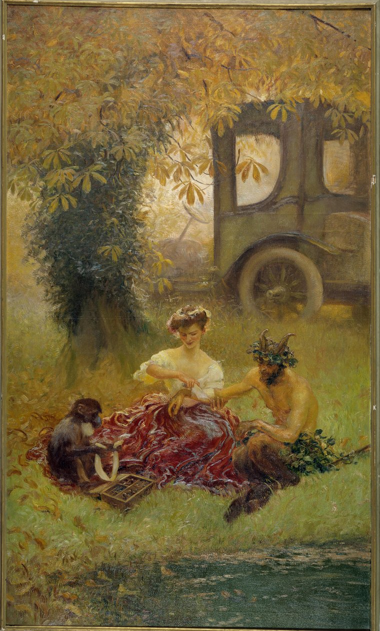 Egy fiatal nő egy majom segítségével meggyógyítja a vadon élő állatokat (festmény) alkotó: Gaston de la Touche