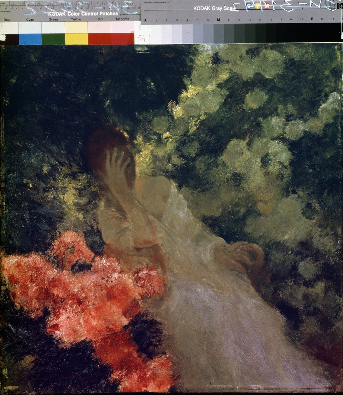 A kertben. (A kertben). Egy kétségbeesettnek látszó, fehér ruhás nő a kezébe rejti az arcát. Gaston de La Touche (1854-1913) festménye alkotó: Gaston de Latouche