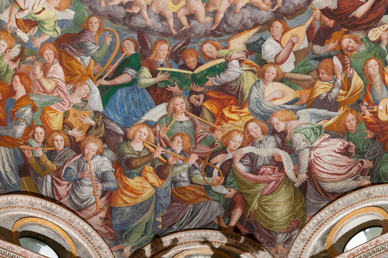 Részlet a Boldogságos Szűz mennybemeneteléről, „A zenélő angyalok kórusa”, kereszthajó kupolája, 1534-ből (freskó) alkotó: Gaudenzio Ferrari