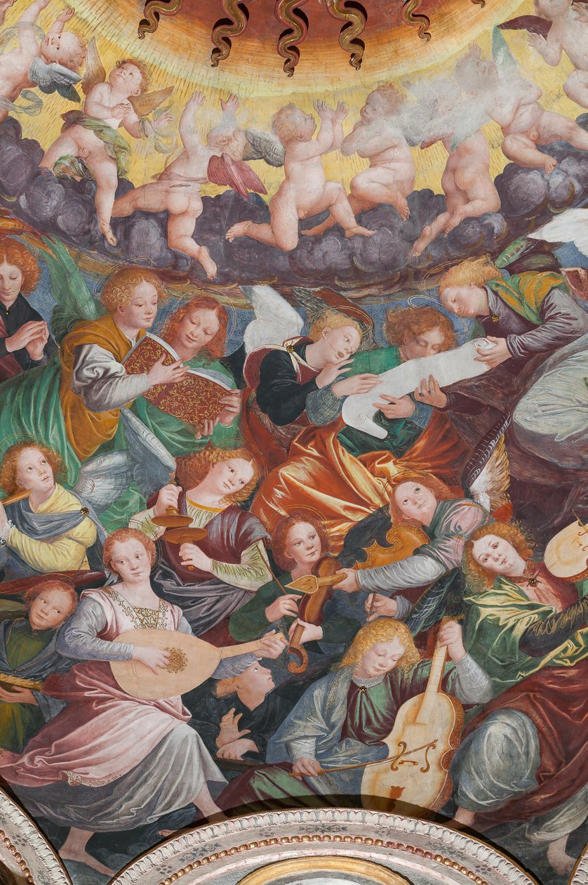 Részlet a Boldogságos Szűz mennybemeneteléről, „A zenélő angyalok kórusa”, kereszthajó kupolája, 1534-ből (freskó) alkotó: Gaudenzio Ferrari
