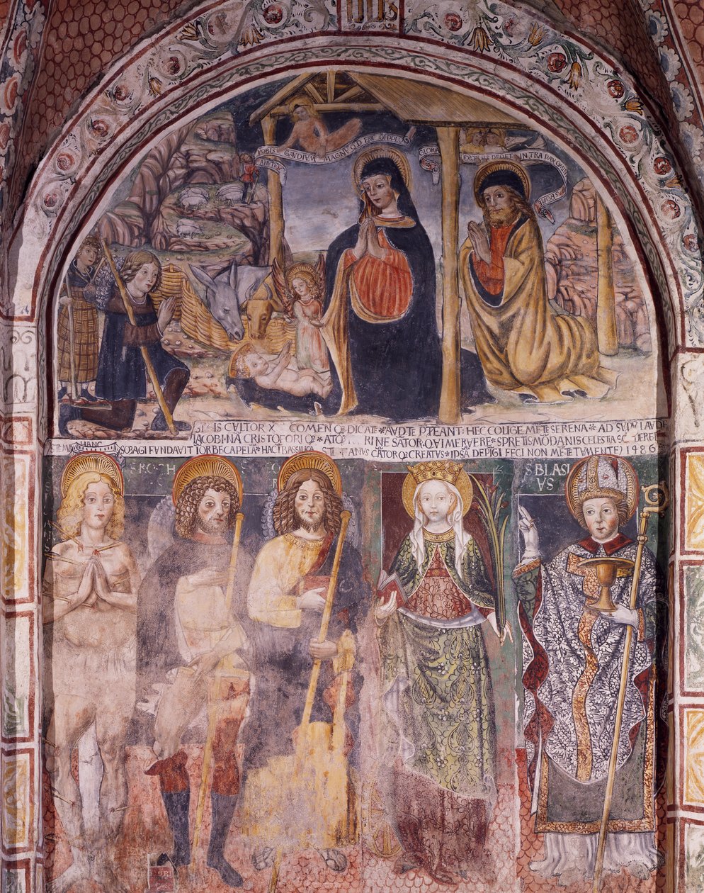 Születés és szentek, Gaudenzio Ferrari (1475-1546) freskója, San Giulio-bazilika, San Giulio-sziget, Orta San Giulio, Olaszország alkotó: Gaudenzio Ferrari