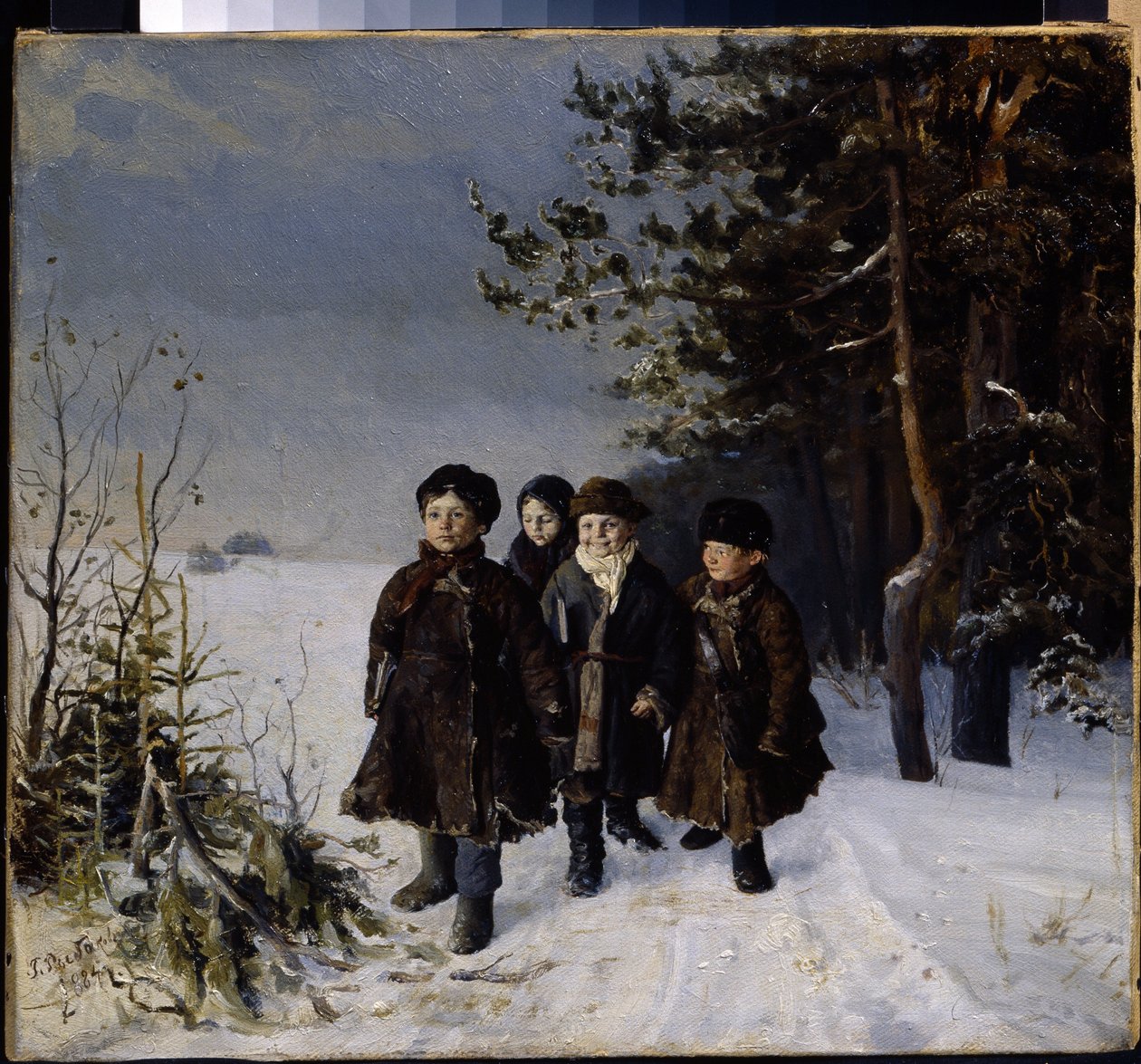 Vissza az iskolából - Gavriil Fjodorovics Rybakov festménye (1859-?), olaj, vászon alkotó: Gavriil Fyodorovich Rybakov