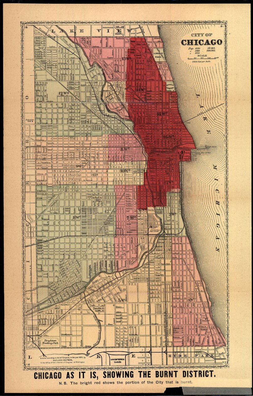 Chicago úgy, ahogy van, bemutatva a leégett körzetet, Edgar Johnson Goodspeed nagy tüzeinek történetéből Chicagóban és Nyugaton, kiadta Chicago, 1871 (kézzel színezett litho) alkotó: Gaylord Watson