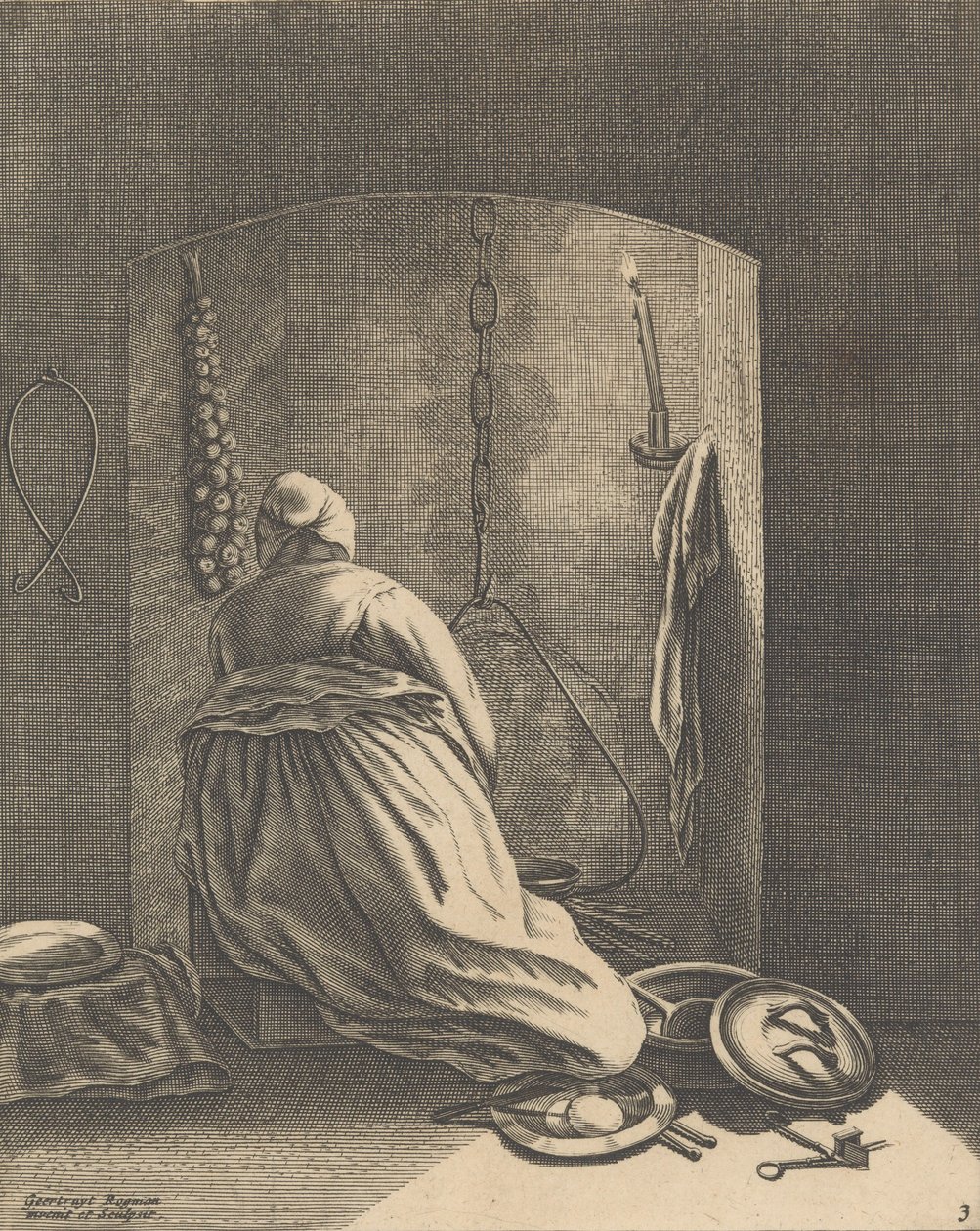 Egy nő főz, 3. tányér az Öt női foglalkozásból, kb. 1640-57., kb. 1640-57. alkotó: Geertruydt Roghman