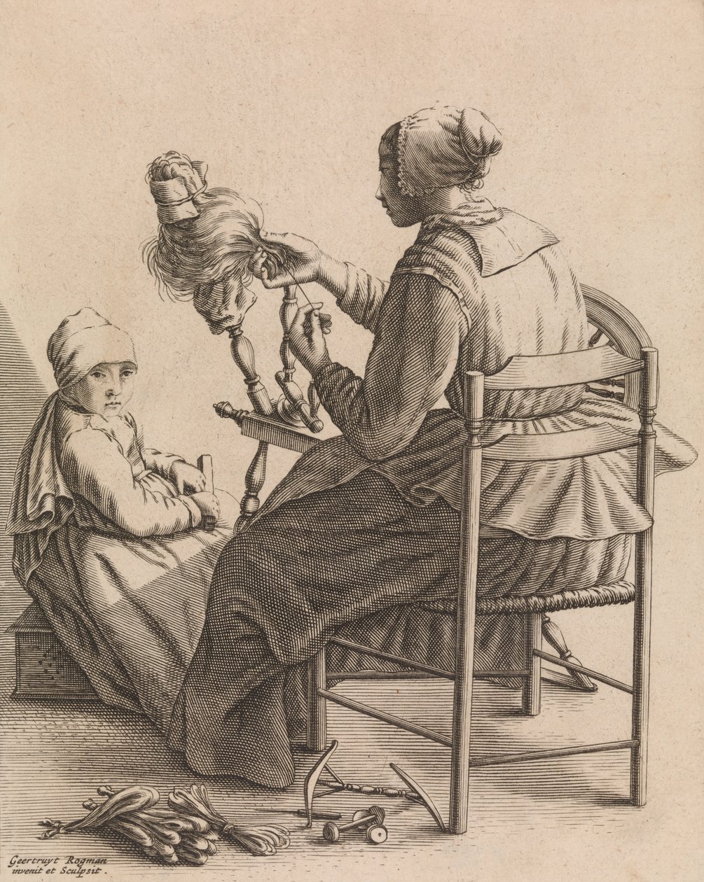 Egy fonó nő, 4. tábla az Öt női foglalkozásból, kb. 1640-57. alkotó: Geertruydt Roghman