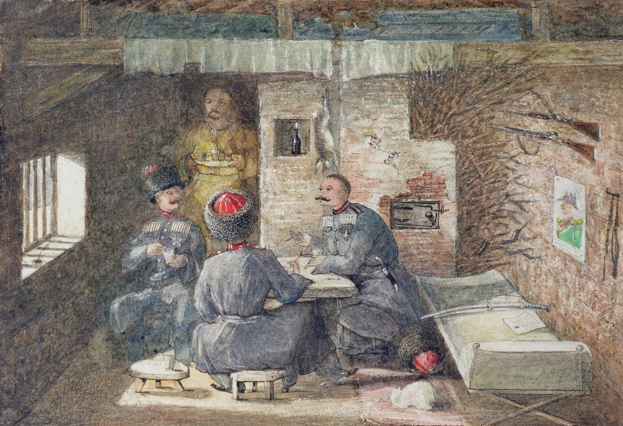 Kozák kunyhó belseje Oroszországban, 12 mérföldre nyugatra Kertchtől, 1855 alkotó: General E.W. Wray