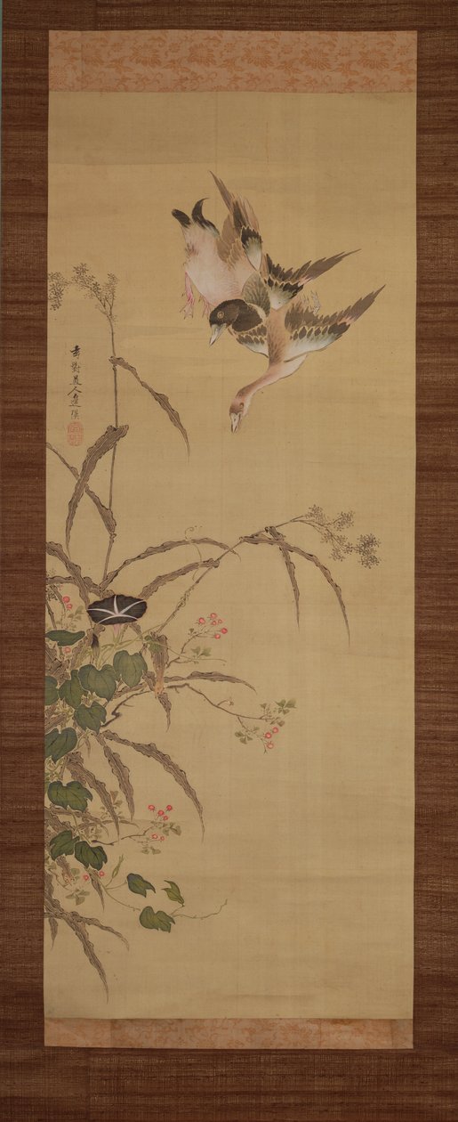 Kacsák, virágok és füvek, 1800-22 körül (tinta és színek selyemen) alkotó: Gentai Sanjin