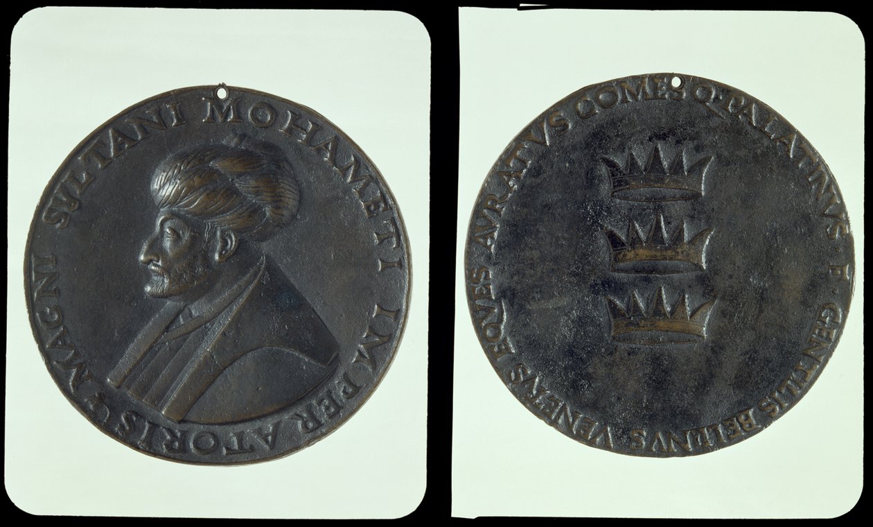 Portré érem, előlap II. Mehmed szultánt (1432-81) ábrázoló hátlap három koronát ábrázol (bronz) alkotó: Gentile Bellini