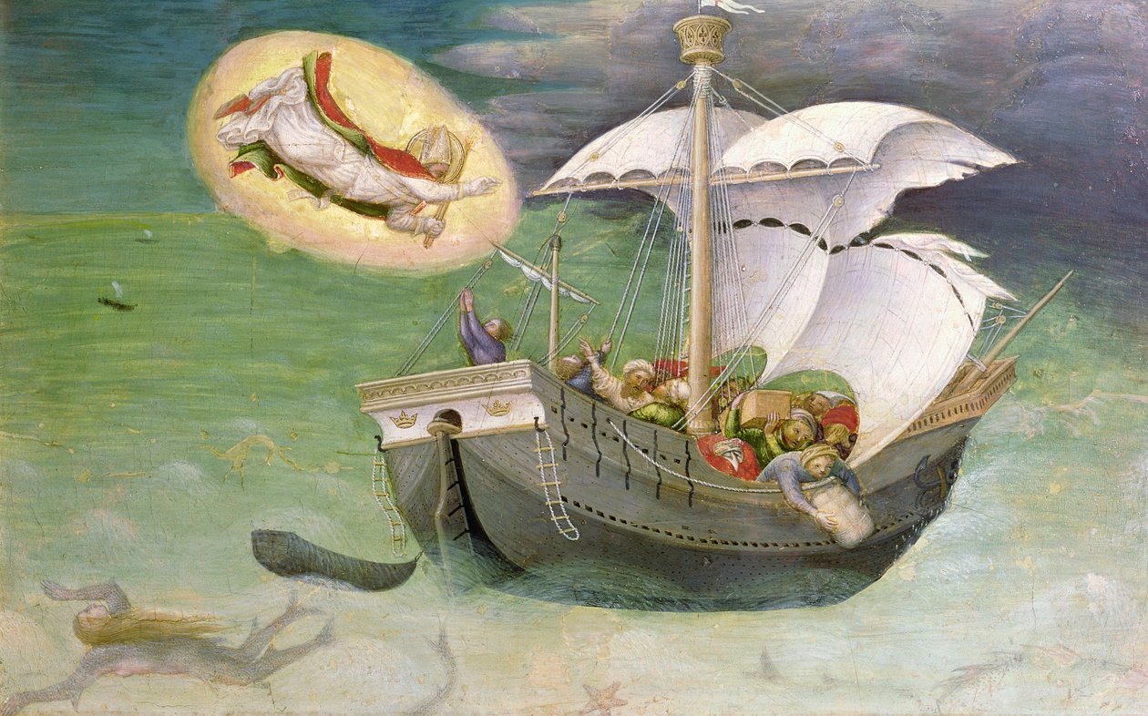 Szent Miklós megment egy hajót a roncsoktól, predella panel a Quaratesi oltárról, 1425 (tempera a panelen) alkotó: Gentile da Fabriano