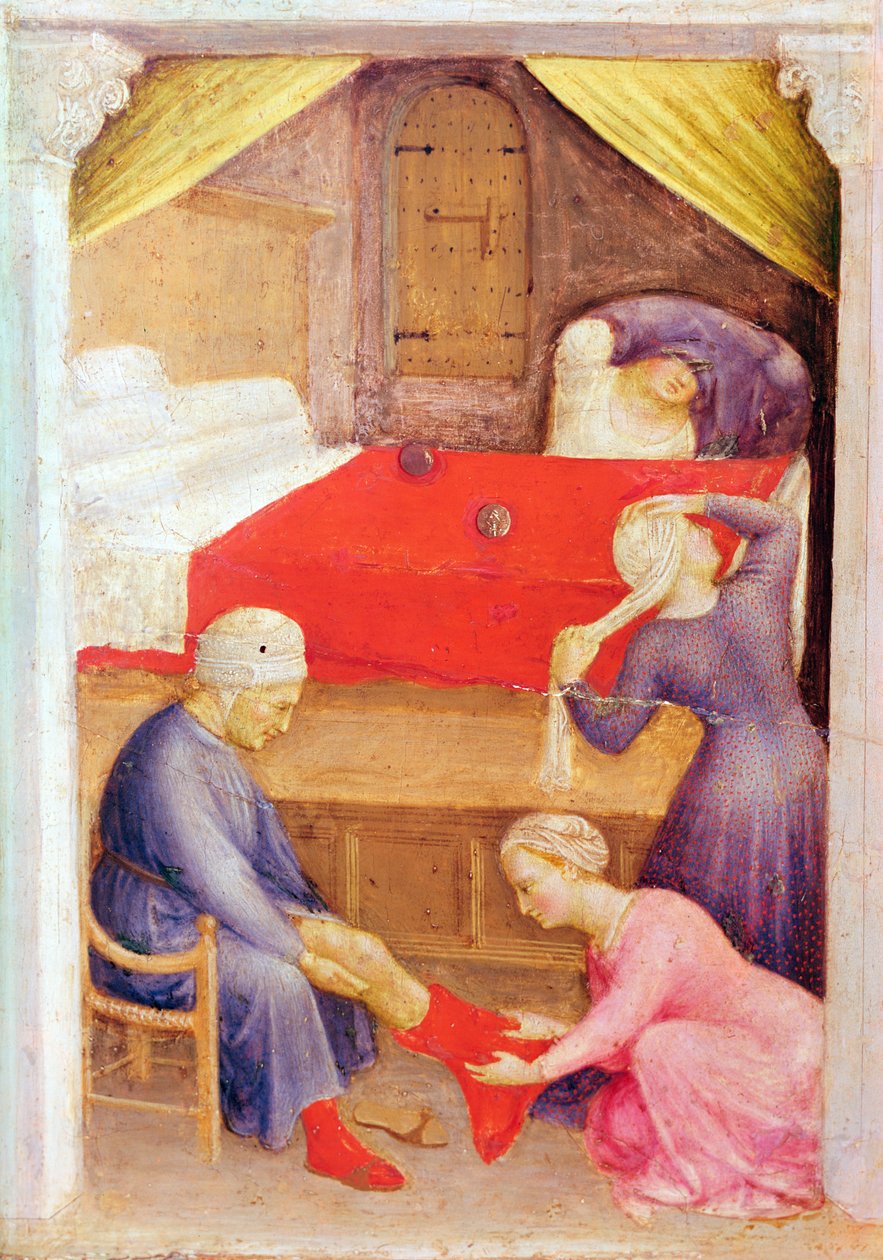 Szent Miklós és a három szegény leány, részlet a Quaratesi oltárkép predella táblájáról, 1425 (tempera a panelen) alkotó: Gentile da Fabriano
