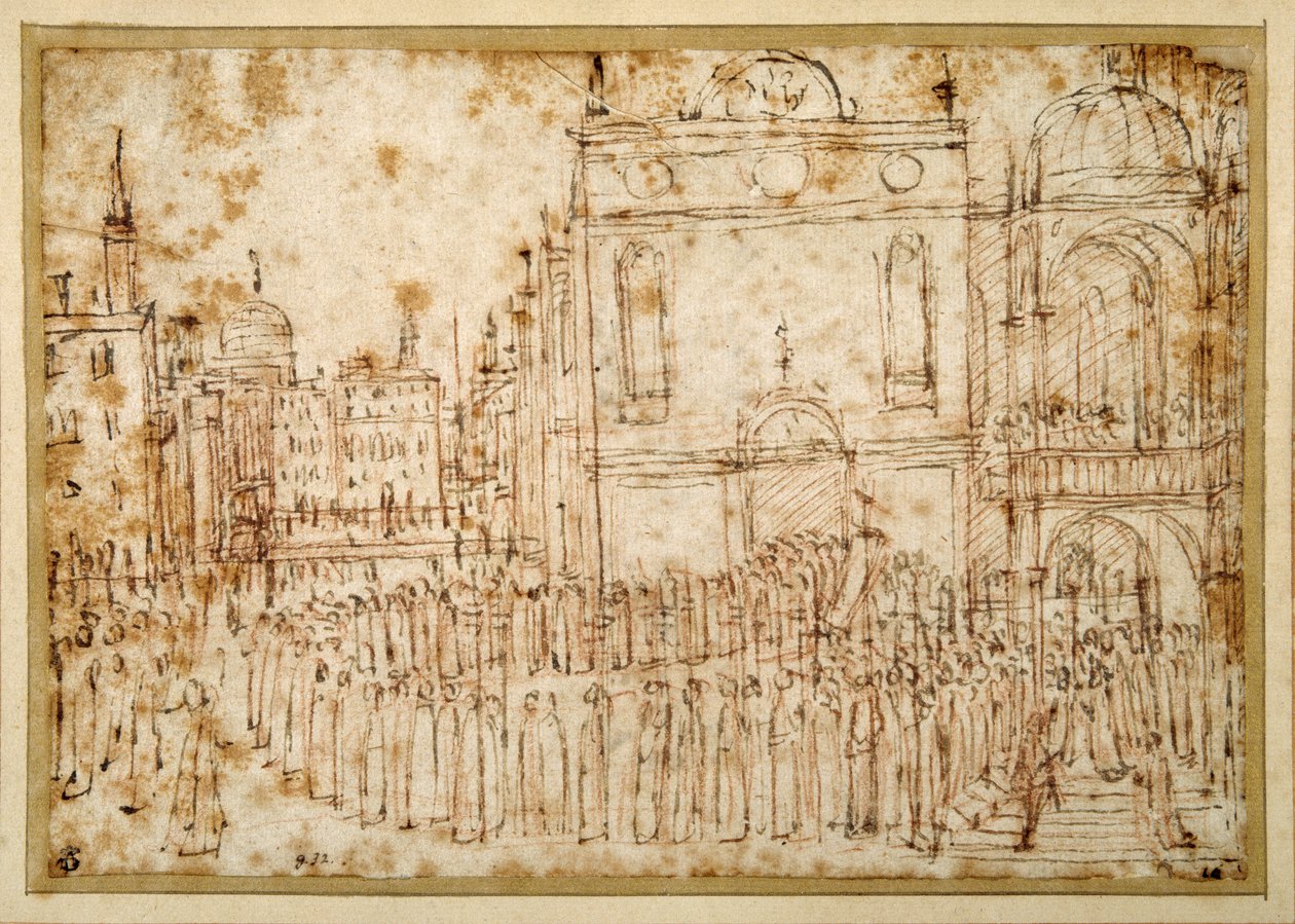 Egy velencei körmenet egy scuolából a szomszédos templomba halad (toll és tinta krétával papíron) alkotó: Gentile Bellini