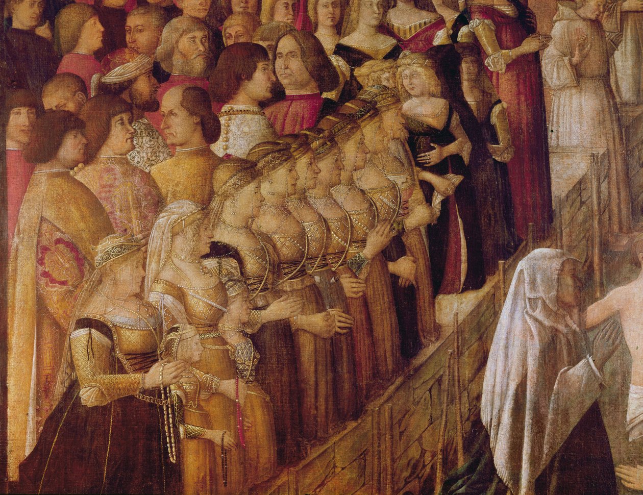 A kereszt csodája a Szent Lorenzo hídnál, Catherine Cornaro várakozó hölgyeinek egy csoportja és a tömeg egy része, 1500 (tempera, vászon) alkotó: Gentile Bellini