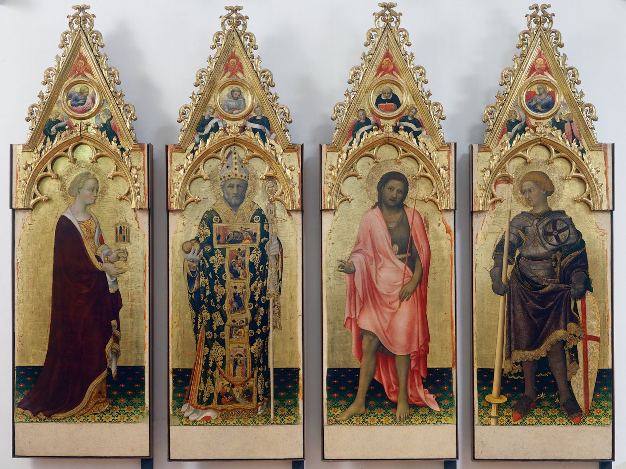 Quaratesi Poliptichon négy szentje, Szent Mária Magdolna, Bari Szent Miklós, Keresztelő Szent János és Szent György alkotó: Gentile da Fabriano