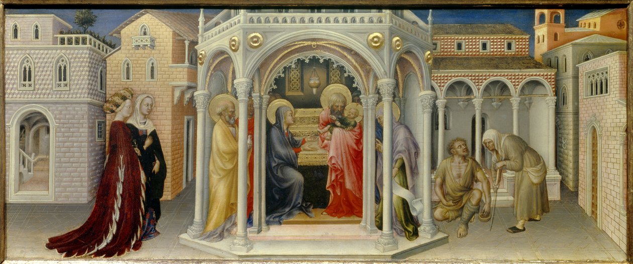Bemutató a templomban, Gentile da Fabriano (1370-1427) fafestménye 1423 V. 0,26x0,66 m alkotó: Gentile da Fabriano
