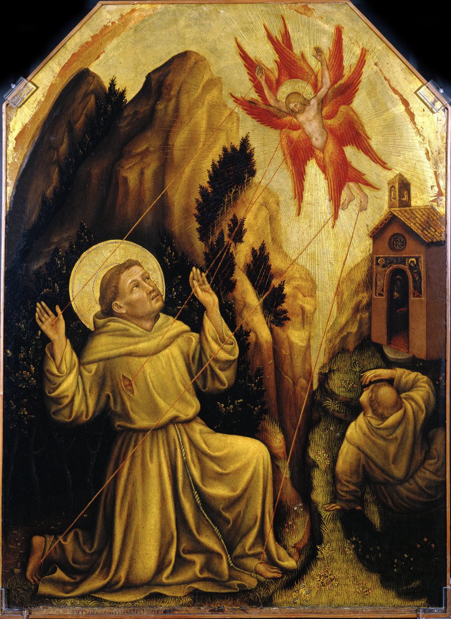 Szent Ferenc – Szent Ferenc megkapja a Stigmata par Gentile da Fabriano-t (kb. 1370-1427). Tempera a panelen, méret: 87x64, kb.1420, Magnani Rocca Foundation, Mamiano di Traversetolo alkotó: Gentile da Fabriano