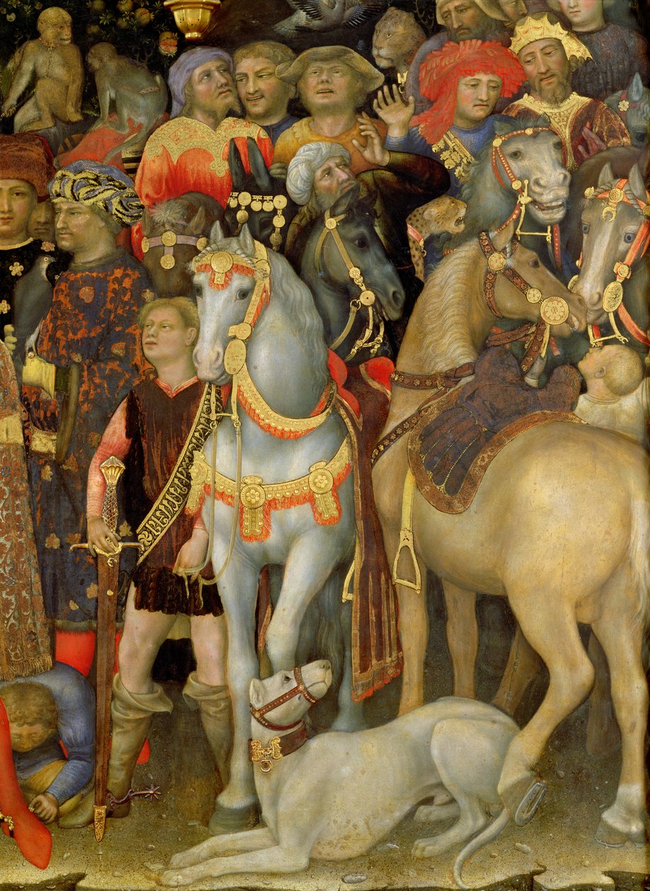 A mágusok imádása, lovasok, lovak és kutya részlete, 1423-as tempera a panelen alkotó: Gentile da Fabriano