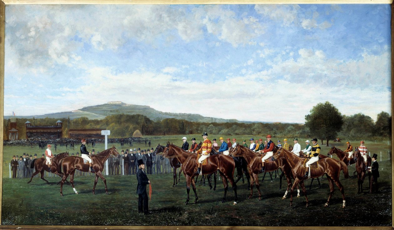 Indulás Longchamp-ba, amelyet Foy báró adott 1877-ben. Lovakat állítanak fel a verseny kezdetén a versenypályán. Geo Arnull festménye (XIX. század) 1877. Párizs, Societe ösztönzés alkotó: Geo Arnull