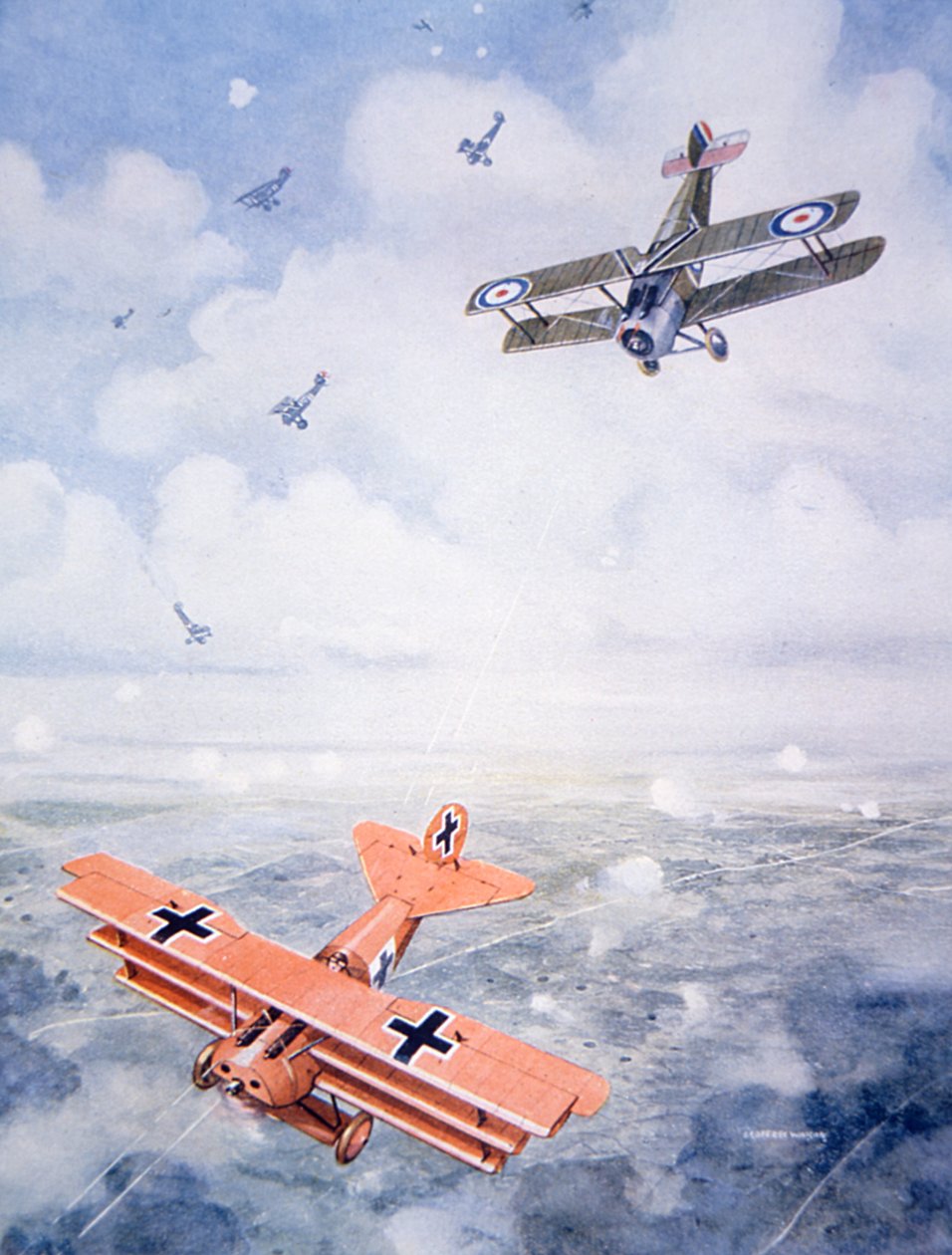 Baron von Richthofen százados utolsó repülése, 1920 körül (színes litó) alkotó: Geoffrey (after) Watson