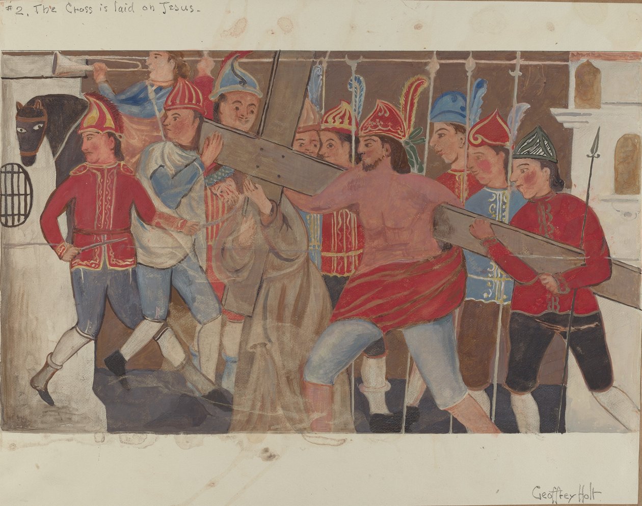 2. számú keresztút: Jézusra vetik a keresztet, c. 1936. alkotó: Geoffrey Holt