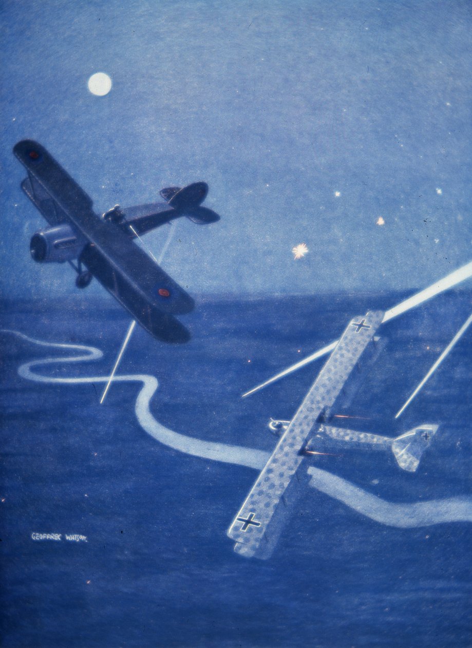 Bristol vadászgép megtámadta a német Gotha bombázót London felett éjjel (színes litho) alkotó: Geoffrey Watson