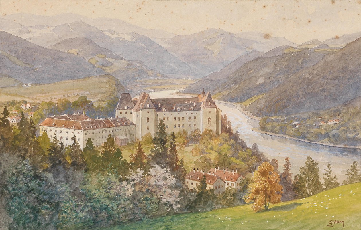 Kilátás a Grein -kastélyra a Dunára alkotó: Georg Janny