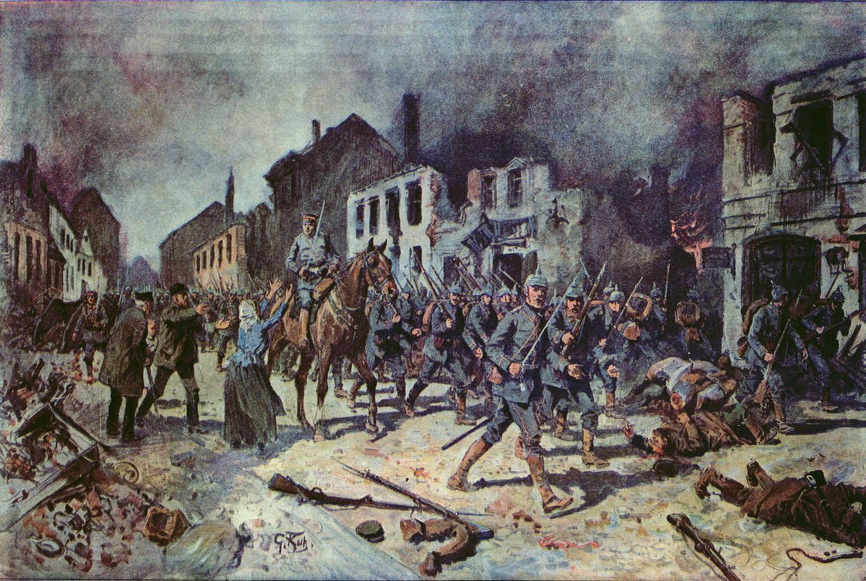 Német csapatok bevonulnak Ortelsburg városába a tannenbergi csata során, 1914 augusztusában alkotó: Georg Koch