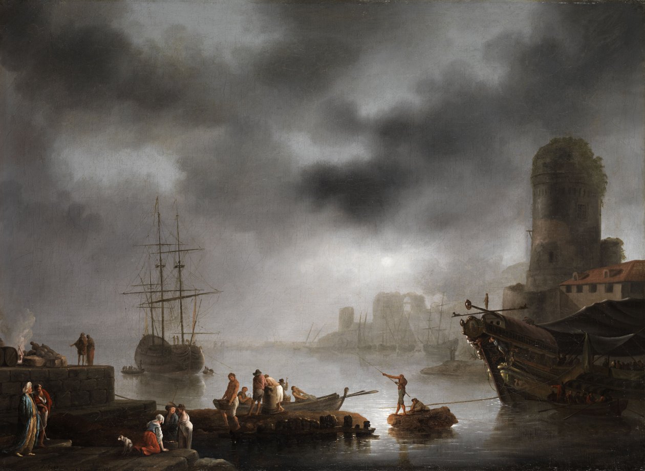 Kikötői táj a holdfényben alkotó: Georg Ludwig Eckhardt