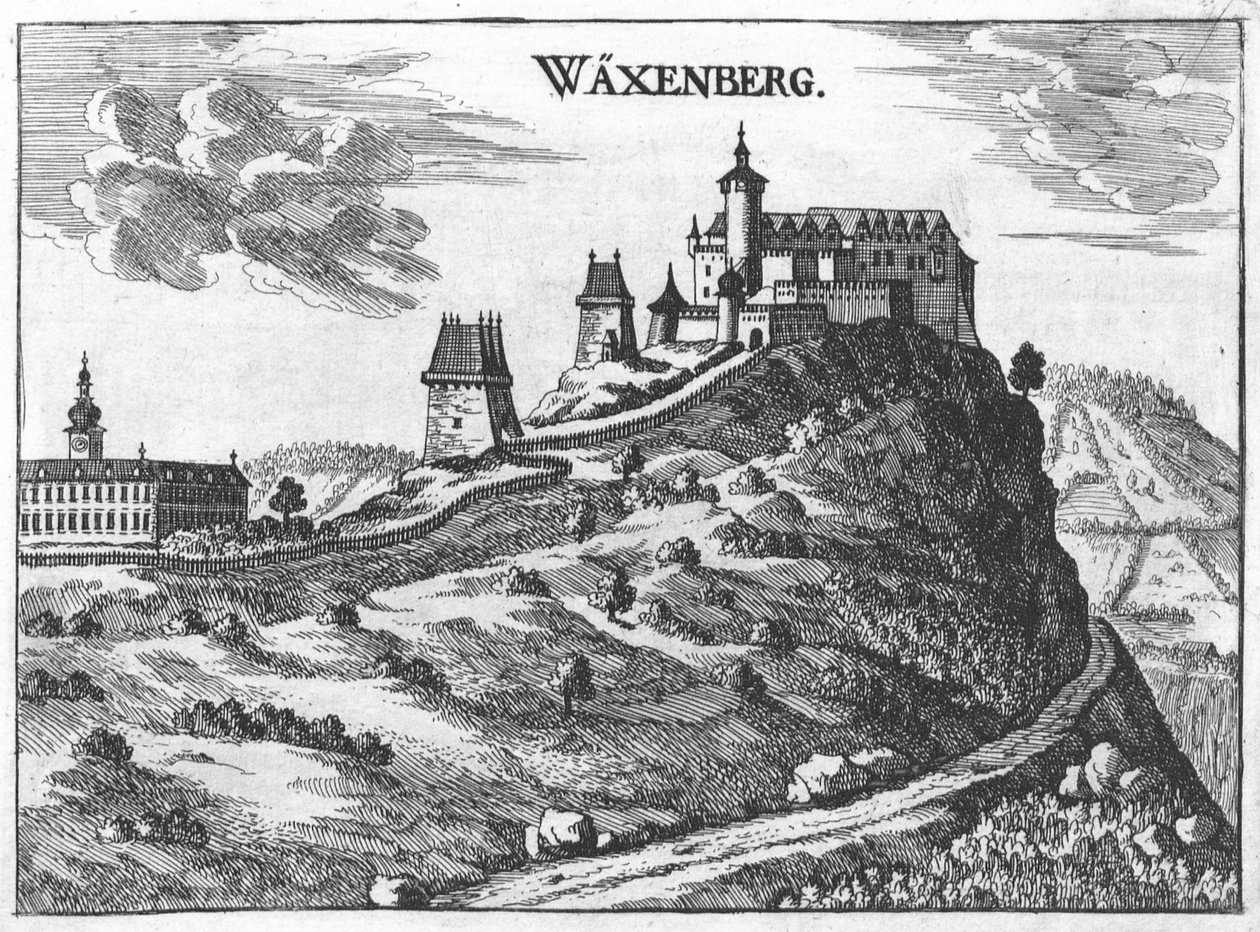 Waxenberg kastély Felső -Ausztriában, rajz M. Vischer 1674 -ből alkotó: Georg Matthaus Vischer
