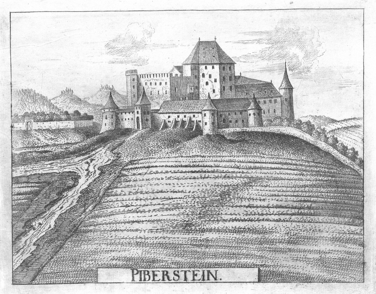 Rézmetszet, kilátás a felső -ausztriai Piberstein kastélyra alkotó: Georg Matthaus Vischer
