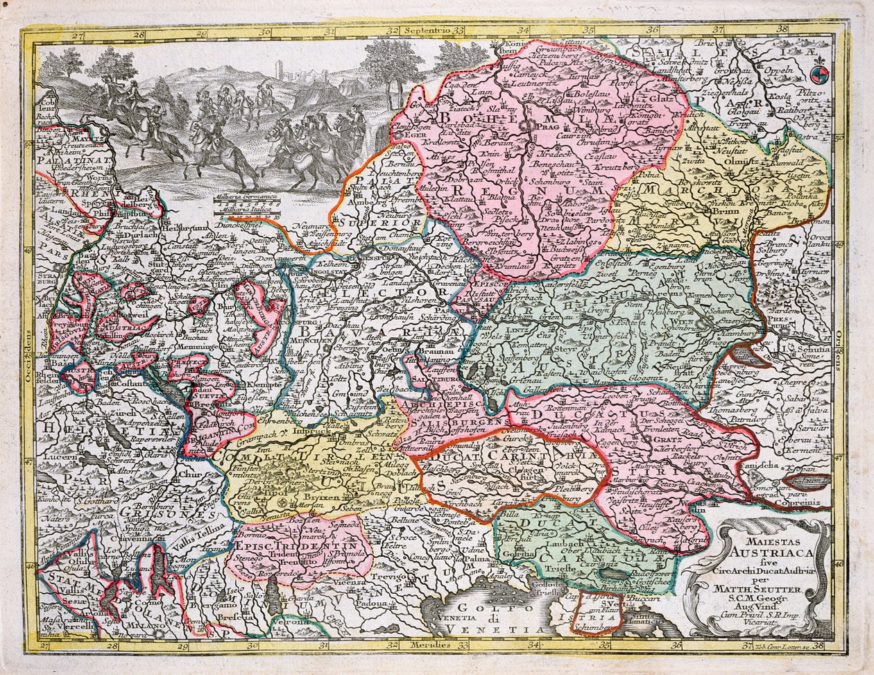 Az Osztrák Birodalom térképe, 1750 körül (színes metszet) alkotó: Georg Matthäus Seutter