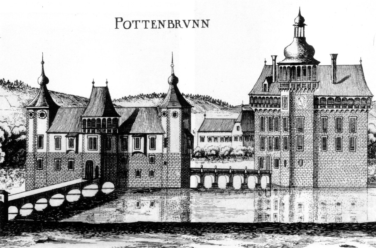 Pottenbrunni palota Georg Matthäus Vischer metszetén 1672 -ből alkotó: Georg Matthaus Vischer
