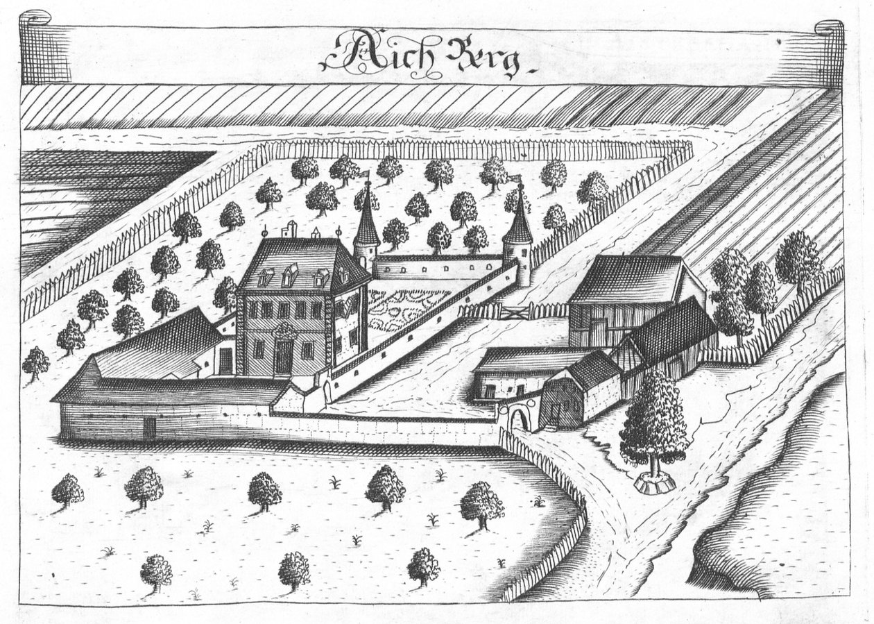 Gravírozás, kilátás a felső -ausztriai Aichberg várára alkotó: Georg Matthaus Vischer