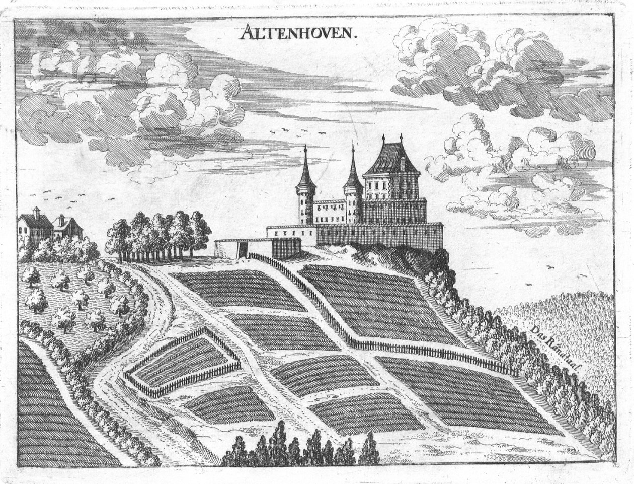 Gravírozás, kilátás az Altenhof kastélyra, Felső -Ausztria alkotó: Georg Matthaus Vischer