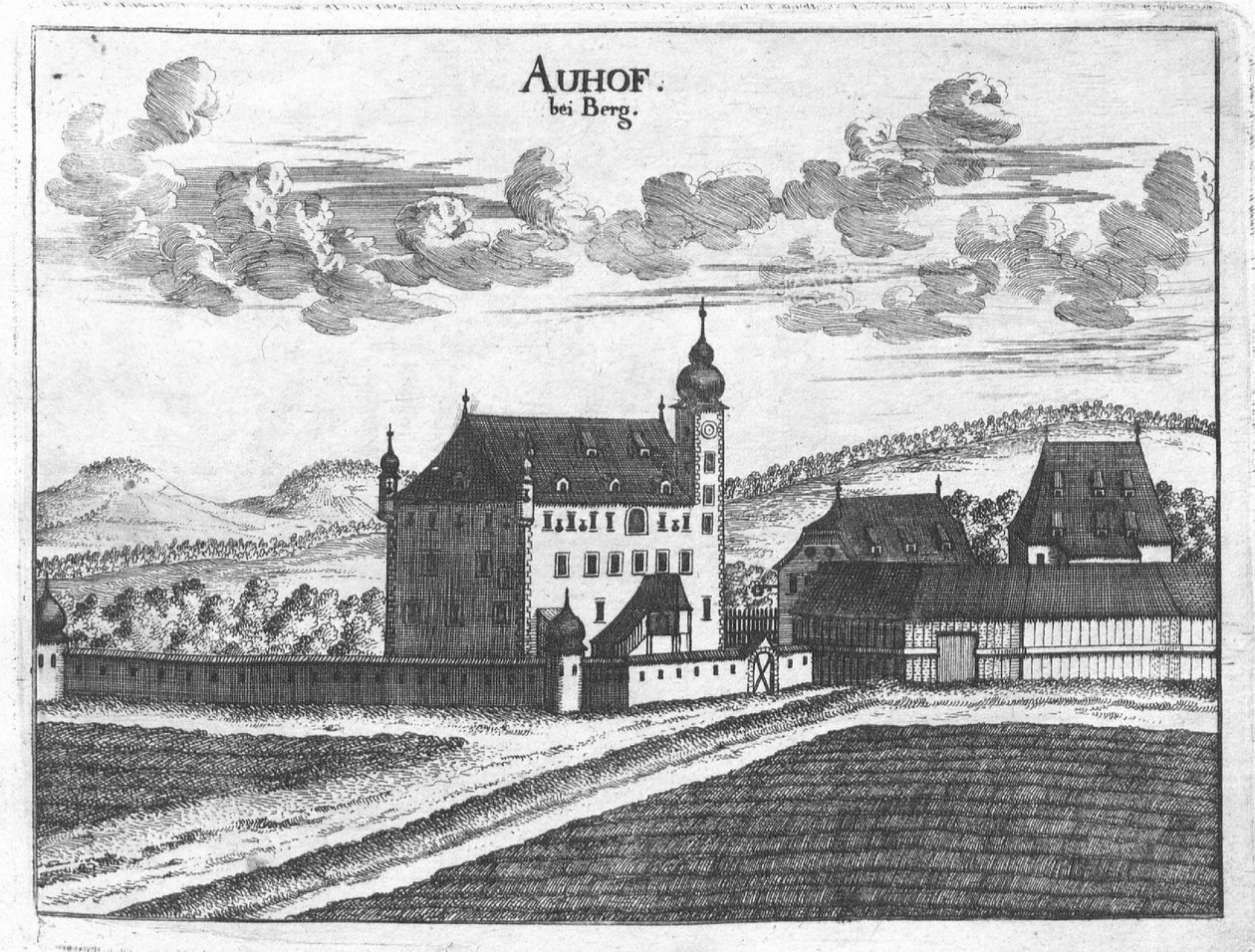 Gravírozás, kilátás az Auhof -kastélyra, Felső -Ausztria alkotó: Georg Matthaus Vischer