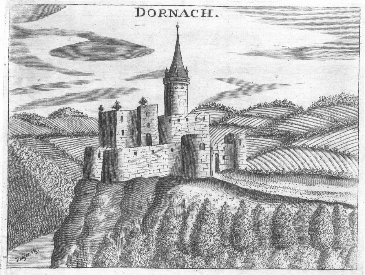 Gravírozás, kilátás a Dornach -kastélyra, Felső -Ausztriában alkotó: Georg Matthaus Vischer