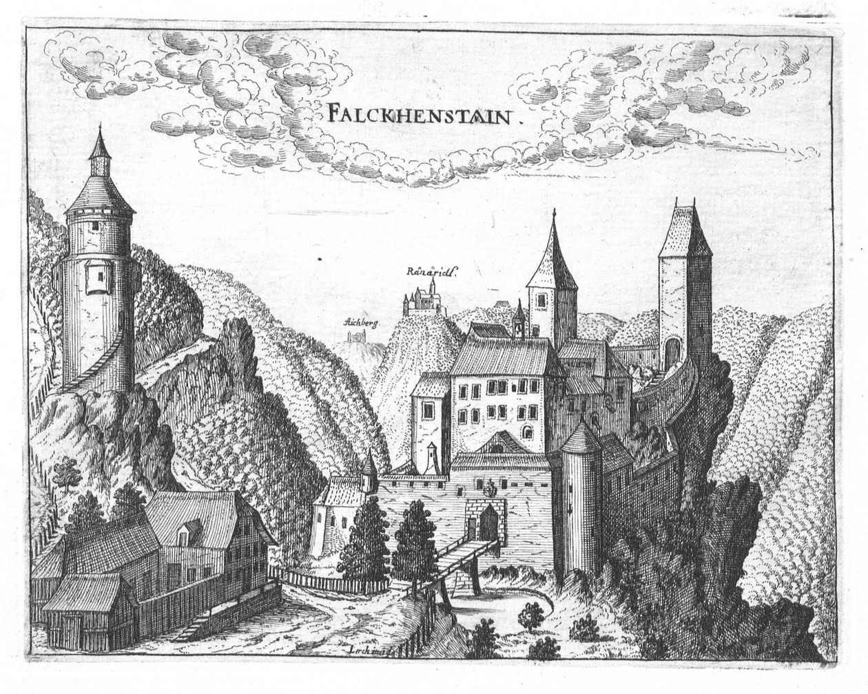Gravírozás, kilátás a Falkenstein kastélyra, Felső -Ausztria alkotó: Georg Matthaus Vischer
