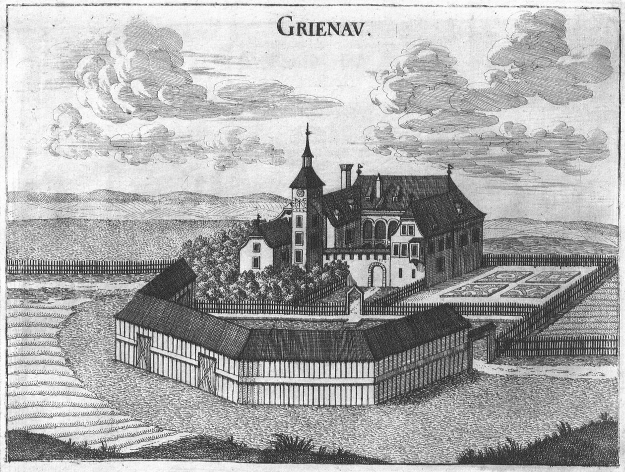 Gravírozás, kilátás a felső -ausztriai Grünau kastélyra alkotó: Georg Matthaus Vischer
