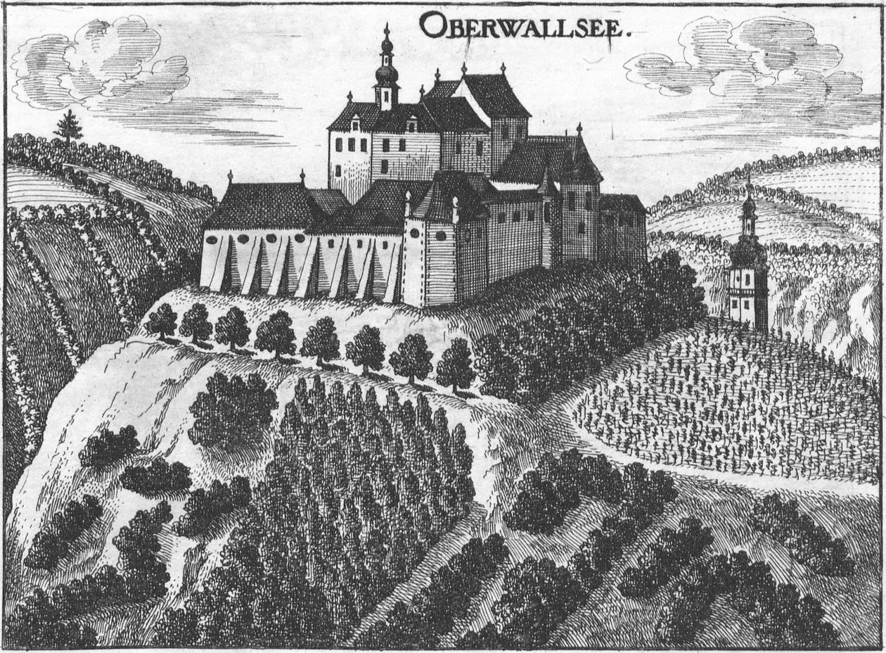 Gravírozás, kilátás az Oberwallsee kastélyra, Felső -Ausztria alkotó: Georg Matthäus  Vischer