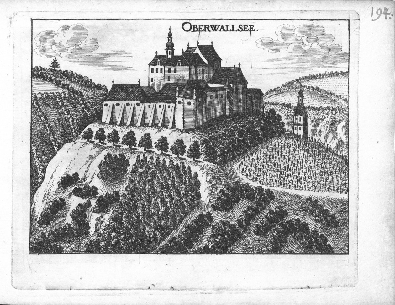 Gravírozás, kilátás az Oberwallsee kastélyra, Felső -Ausztria alkotó: Georg Matthaus Vischer
