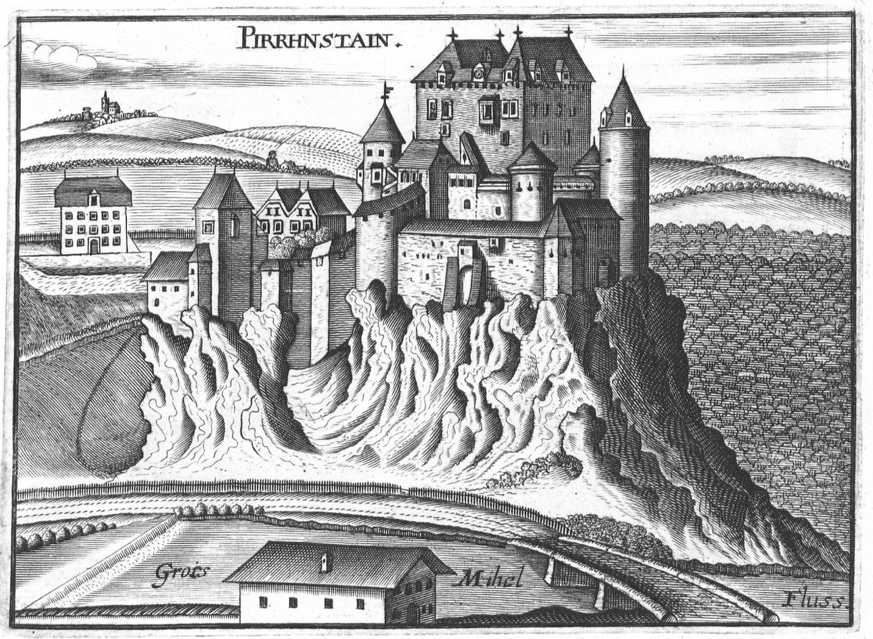 Gravírozás, kilátás a felső -ausztriai Pürnstein kastélyra alkotó: Georg Matthaus Vischer