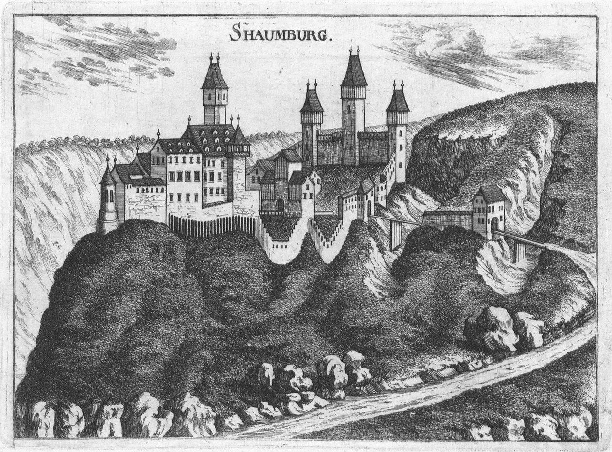 Metszet, Schaunburg várának látképe, Felső-Ausztria alkotó: Georg Matthäus  Vischer