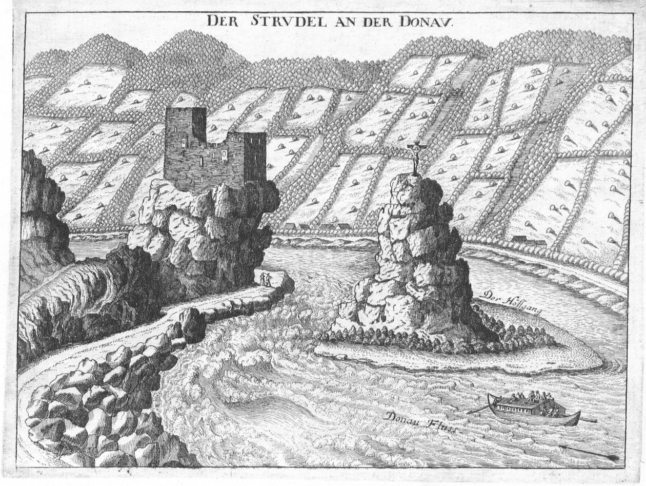 Gravírozás, kilátás a Werfenstein -kastélyra és a Wörth -szigetre, Felső -Ausztriába alkotó: Georg Matthaus Vischer