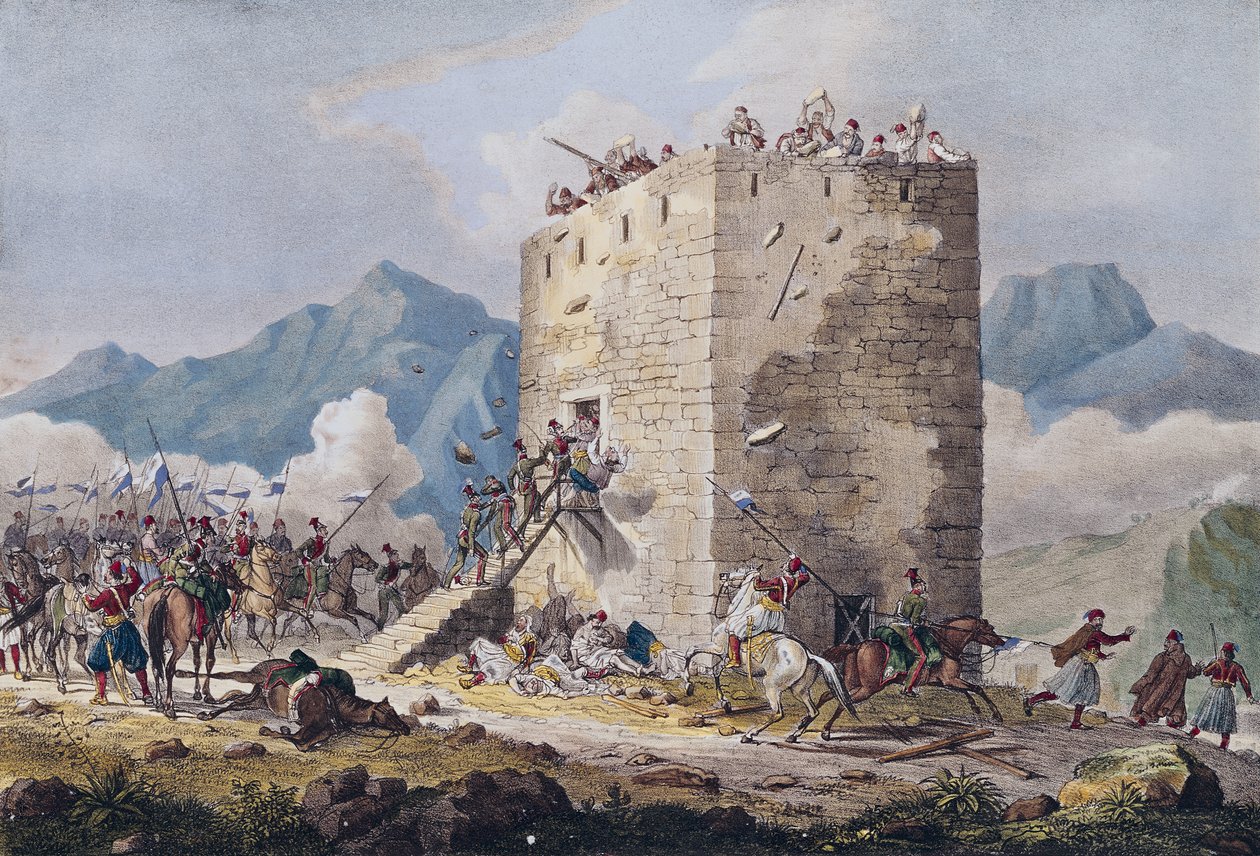 Negyven görög lázadó ellenállása egy thébai toronyban 1833-ban alkotó: Georg Melchior Kraus