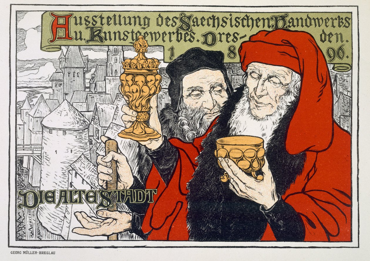 A németországi drezdai művészeti és kézműves kiállítást reklámozó plakát az óvárosban, 1896 alkotó: Georg Muller Breslau