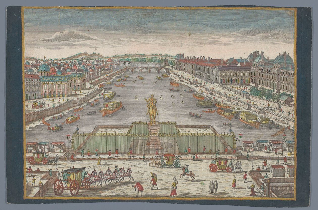 Kilátás a Pont Neuf-ra a Szajna folyó felett Párizsban, a Pont Royal felé nézve Gesicht der Neuen Bruck, gegen der Königl. Bruck zu Paris alkotó: Georg Balthasar Probst (possibly)
